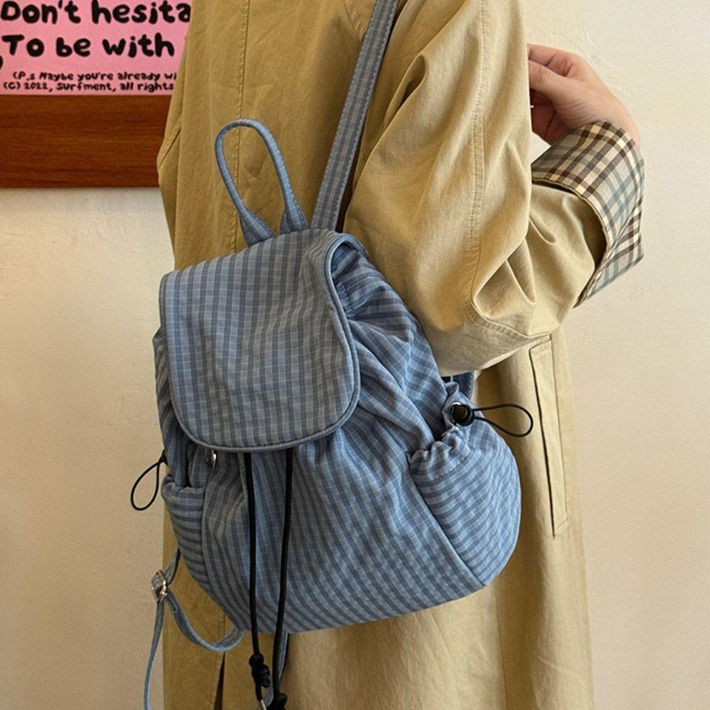 Korean Drawstring Backpacks Solid Color Student Schoolbag Stylish Plaid Nylon Backpacks  Men Women