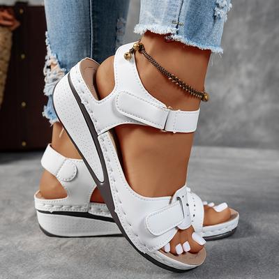 Women's Beige Wedge Sandals - Casual Open-Toe with Comfortable Ankle Strap, Suitable for Summer, Women's Sandals