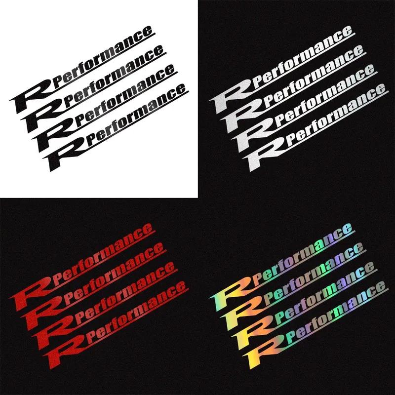 4Pcs R Performance Car Wheels Reflective Stickers Auto Rim Wheel Hub Body Racing Style Vinyl Film Decals Car Tuning Accessories