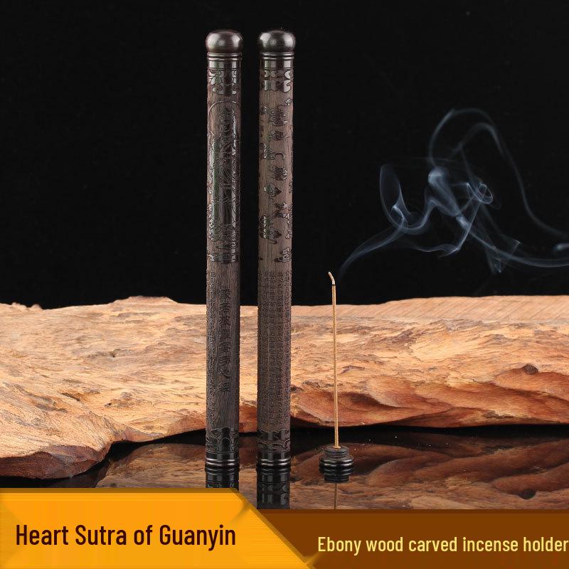 Ebony Screw-Cap 10g Incense Holder - Carved Sandalwood Stick Storage Tube with Holder