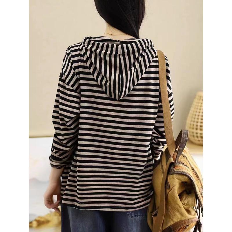 Bawełniana luźna bluza z kapturem w paski dla kobiet Jesień spersonalizowana uniwersalna modna koszulka w paski koszulka z kapturem