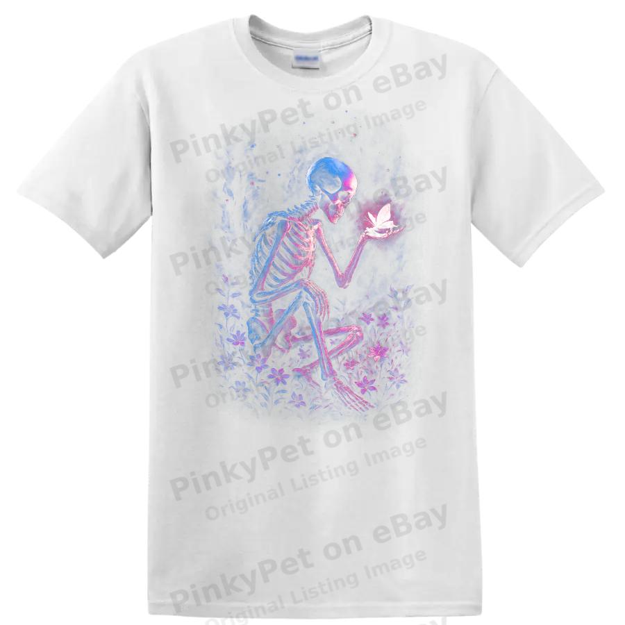 Skeleton Butterfly T Shirt Graphic Art Floral Design Halloween Theme Tee