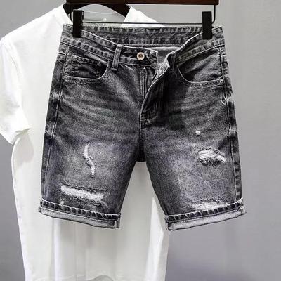 Męskie Letnie Spodenki Jeansowe Koreański Styl Slim Fit Prosta Nogawka Rozcięty Dół Vintage Spłowiałe Postarzane Podarte Jeansy