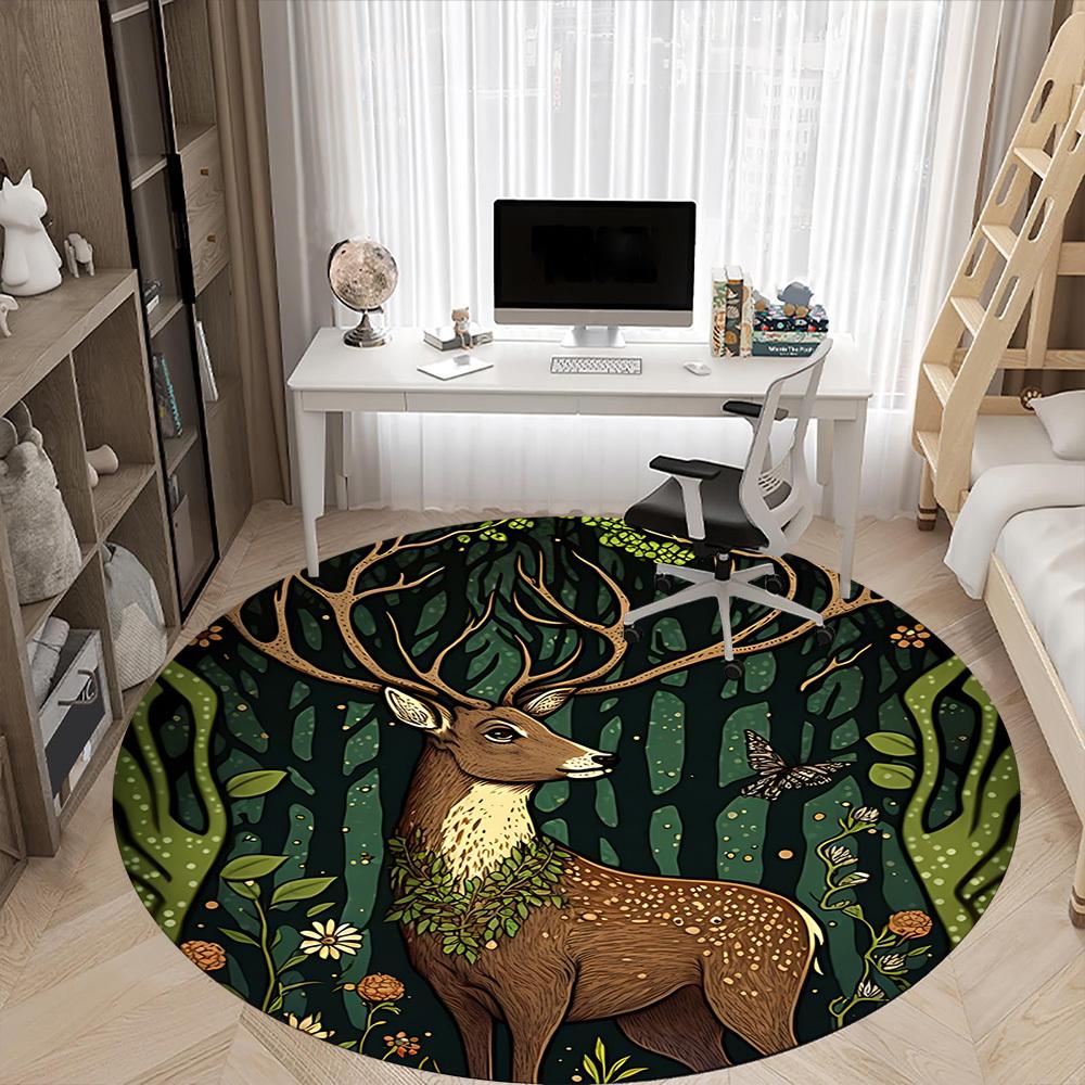 1pc Forest Deer Office Round Area Rug, Under Office Chairs Bedroom Living Room Home Decor, Room Deco