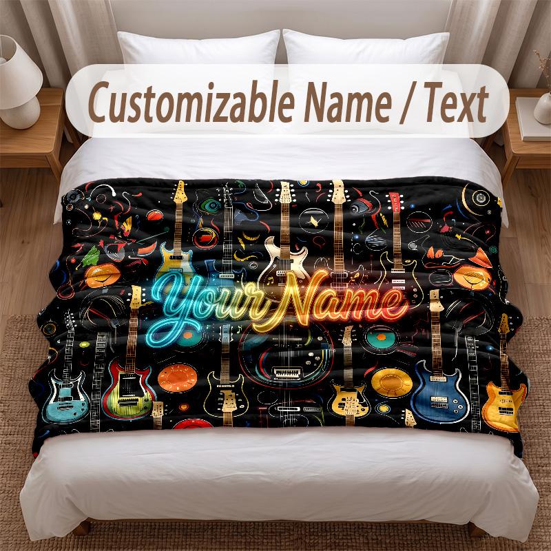 Music Guitar Theme Soft Blanket Personalized Custom Name Text Print Warm Blanket Home Sofa Bedroom Decor