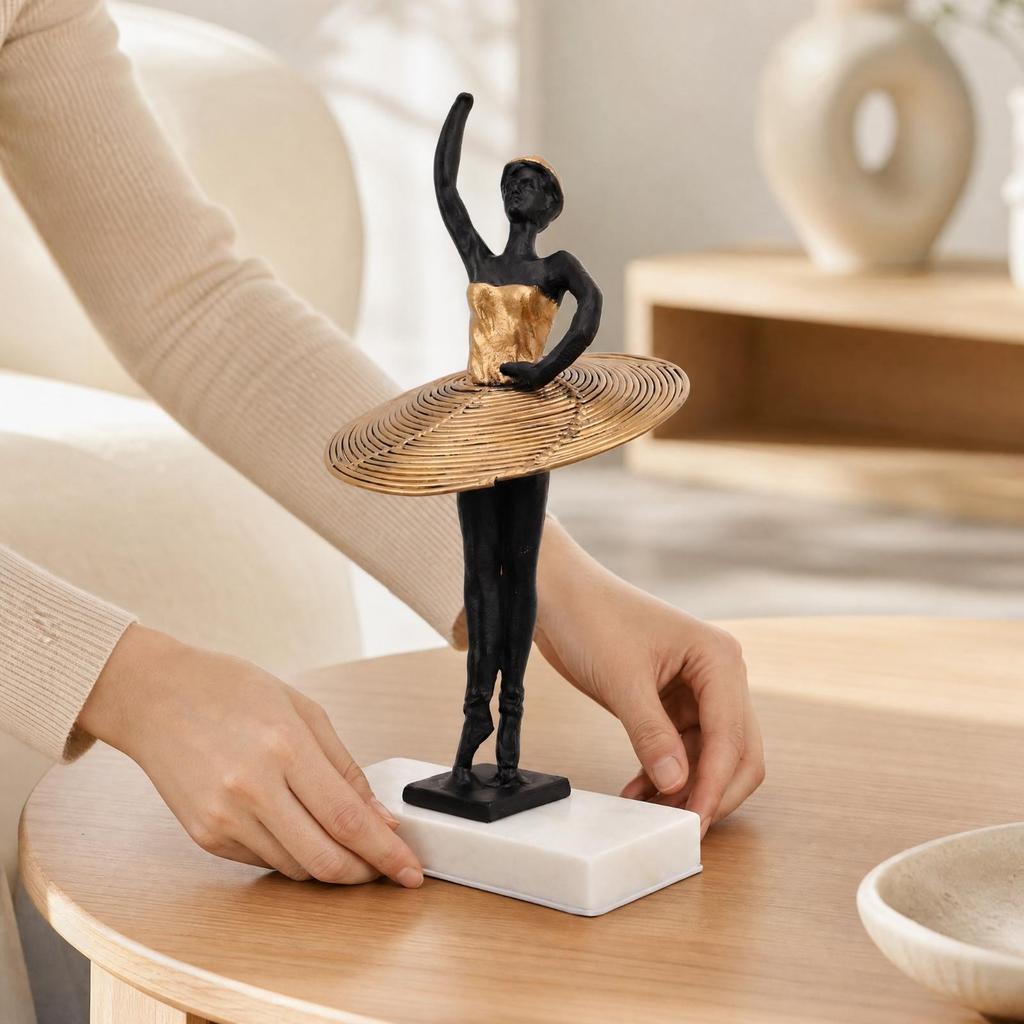 Metal Ballerina Statue with Rectangular Base Golden Dress for Bedroom