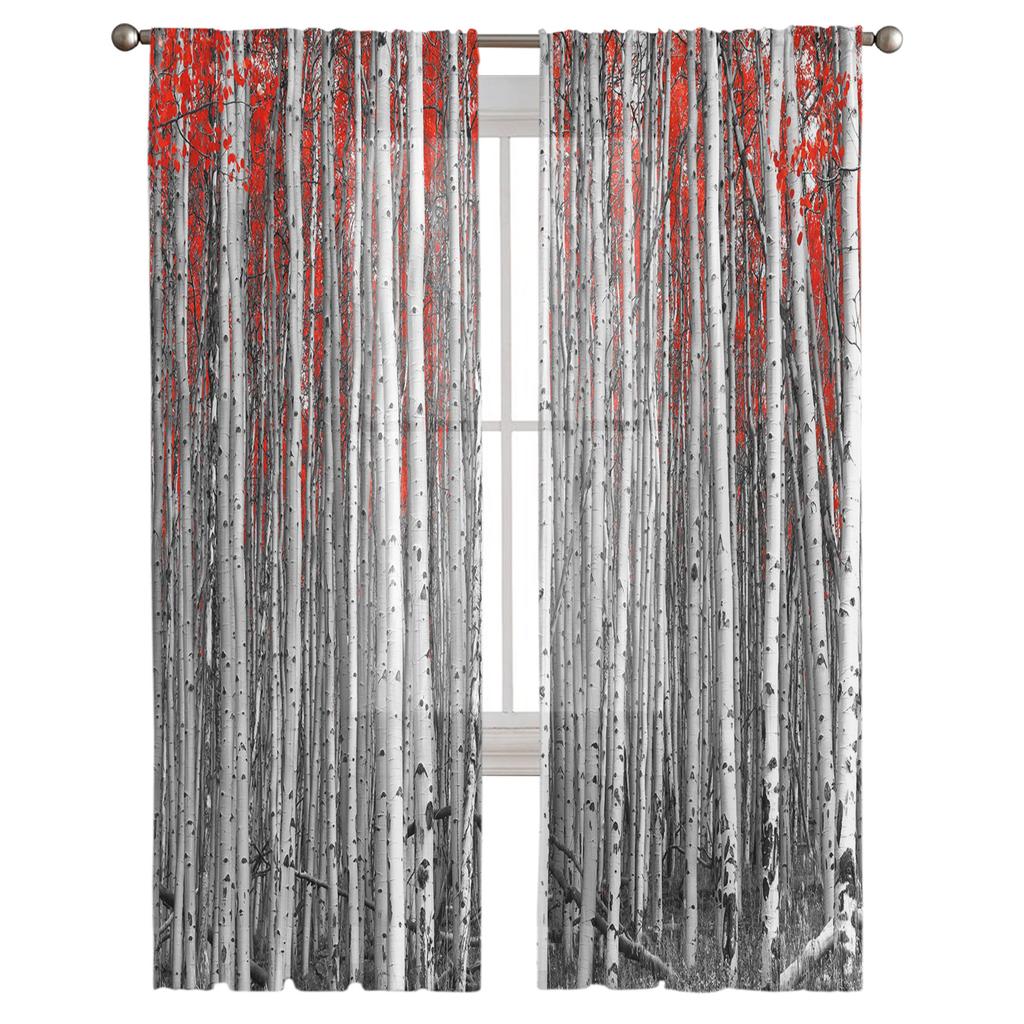 Red Leaves Birch Tree Forest Sheer Curtains Living Room Window Tulle Curtains For Bedroom Kitchen Home Decoration Voile Drapes