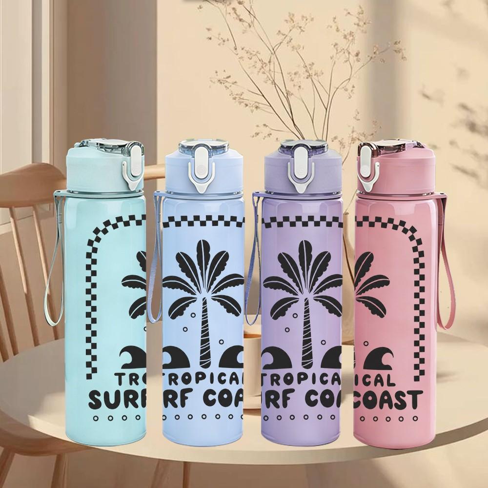 1PC Palm Tree Coast Badge 750ml Color Plastic Sports Water Bottle Leakproof Flip Straw Lid Suitable for Sports Office Home Use