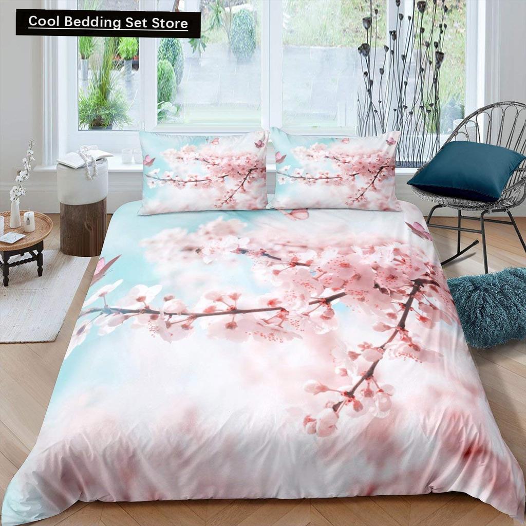 Rosa Kirschblüten King Queen Bettwäscheset Frühlingsflora Bettbezug Japanische Blumen Steppdeckenbezug Weicher Polyester Bettdeckenbezug