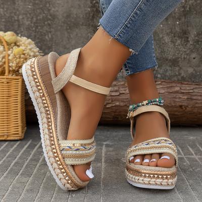Ronde Kop Eén Woord Grote Maat Eén Voet Stijgbeugel Mode Haak Gesp Dikke Bodem Hennep Touw Klinknagels Mode Pantoffels Sandalen Dames