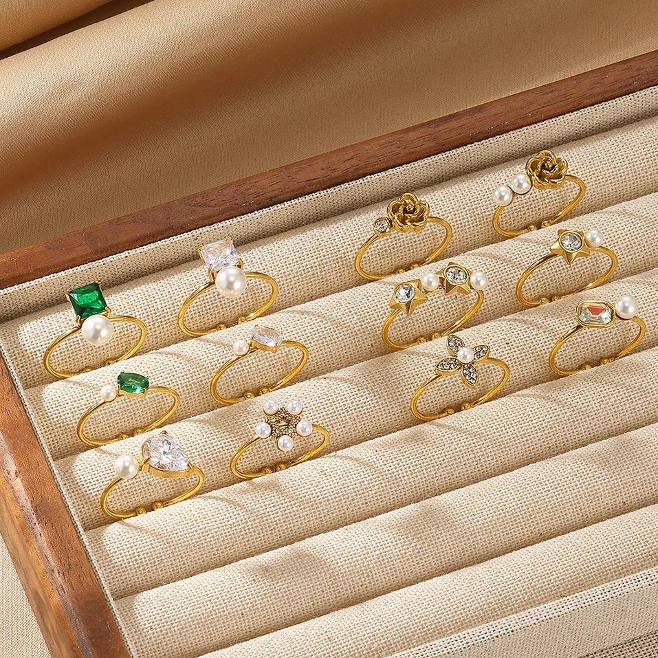 Mini Gold Color Opening Rings Cute Women Zirconia Imitation Pearl Anillos Flower Stainless Steel Ring Romantic Proposal Jewelry