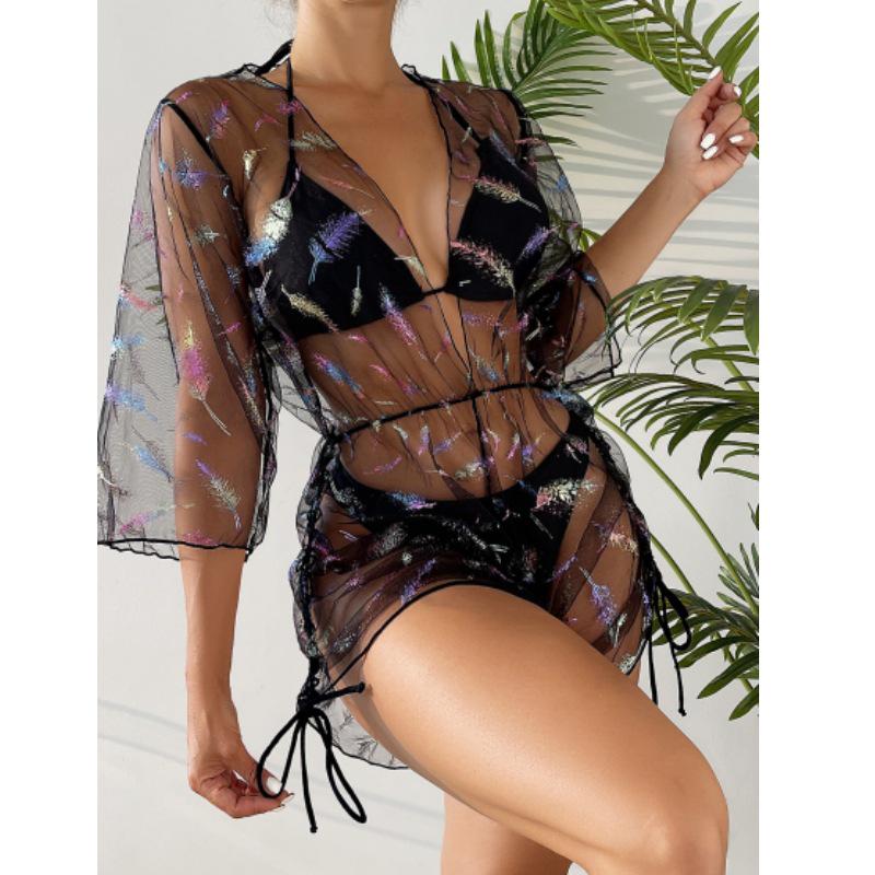 European & American Bikini Three-Piece Set: Mesh Sun Protection Cover-up with Nine-Sleeve & Sexy Bikini (2026)