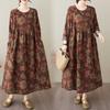 Spring and Summer New Style Retro Cotton and Hemp Round Collar Pocket Long-sleeved Dress Female Loose Thin A Line Skirt