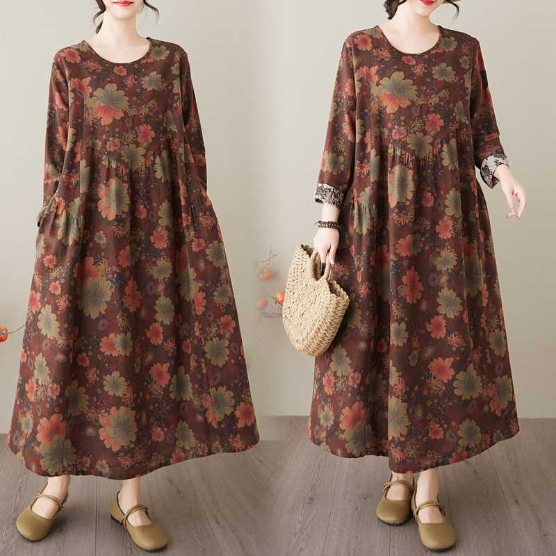 Spring and Summer New Style Retro Cotton and Hemp Round Collar Pocket Long-sleeved Dress Female Loose Thin A Line Skirt