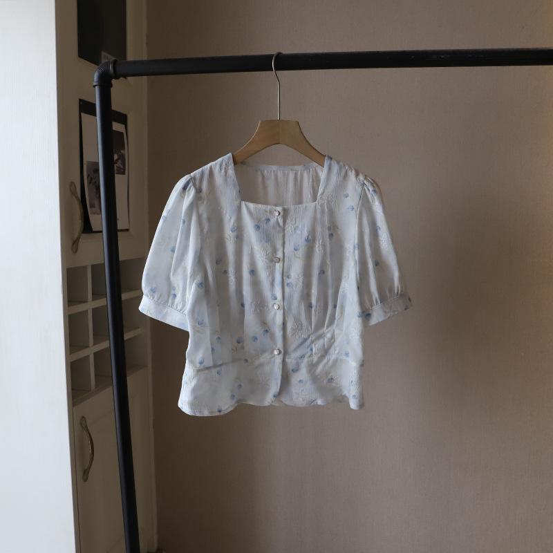 

Летний топ 2025 года с квадратным вырезом и цветочным принтом из шифона с рукавами-буфами для женщин One Size синий