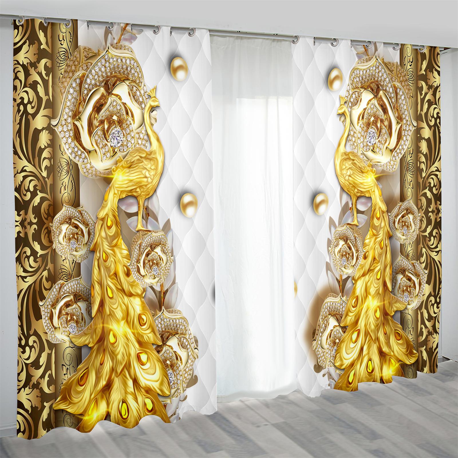 Retro Luxe Pauw serie Elegant Blauw Goud 2 Stuks Lichtfilterend Gordijn voor Woonkamer Slaapkamer Thuis Raam Drap Decor 75W60H(CM) 2PCS