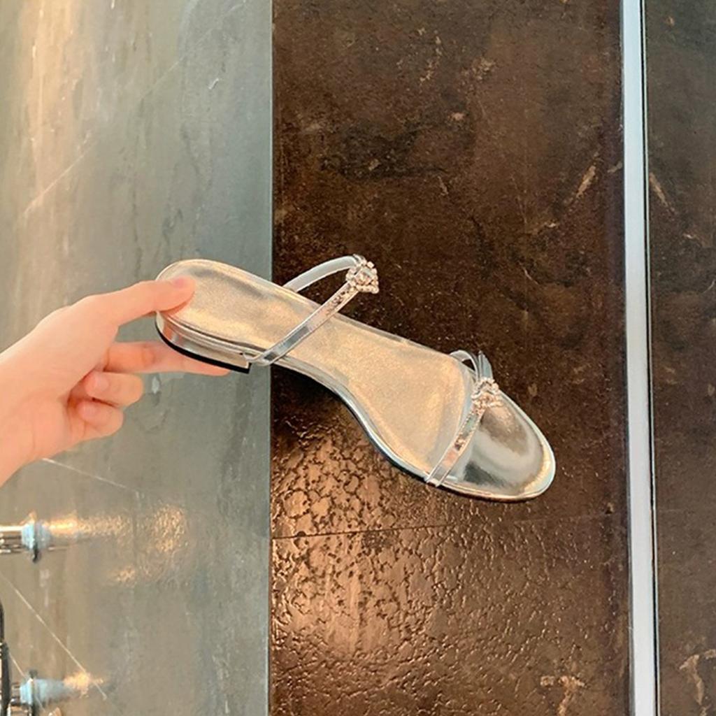 Sheepskin Version~ French Rhinestone Love Buckle Flat-soled Sandals for Women's Summer Versatile Round Head with Thick Heels and Cool Slippers