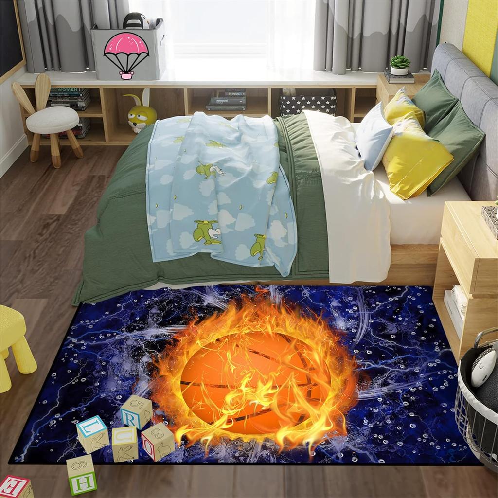 Flammen-Print Basketballteppich für Jungenzimmer und Spielzimmer, Rutschfester Sportteppich, Wohnzimmerdekoration