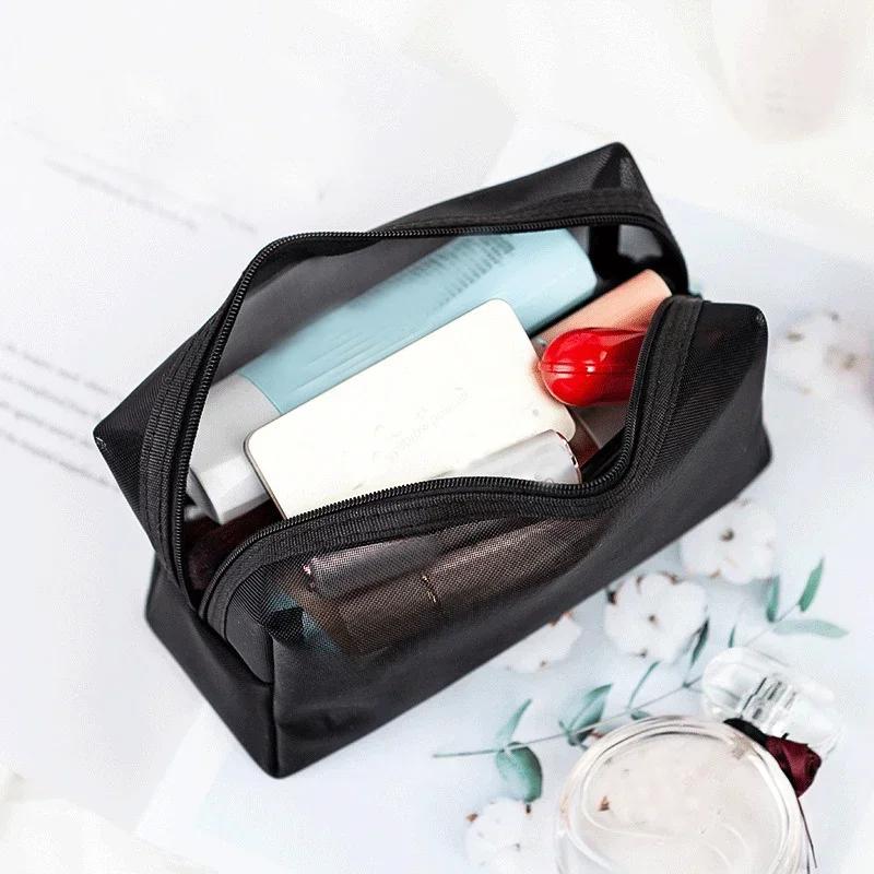 Borsa per trucco in rete nera Borsa per cosmetici trasparente da donna Borse portaoggetti portatili di piccole dimensioni da viaggio Custodia per asciugamani da viaggio