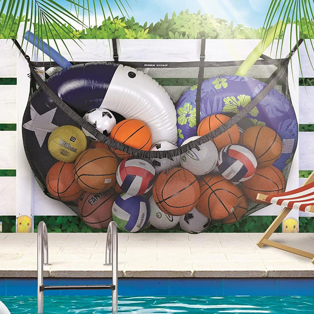 Large Capacity Heavy Duty Pool Storage Bag Adjustable Mounting Net For Pool Inflatables Balls Beach Toys Outdoor Mesh Organizer