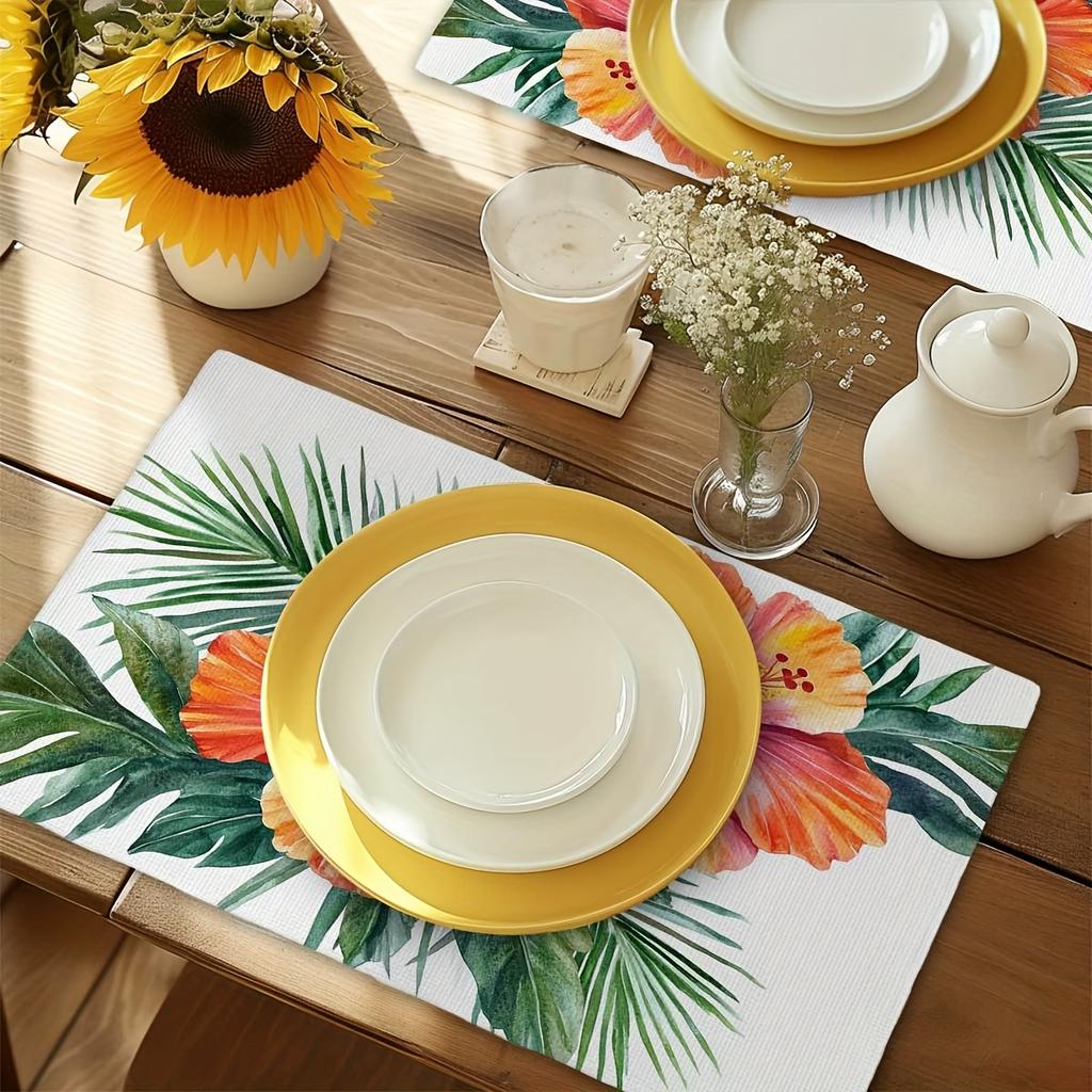 4pcs Tropical Flower and Leaf Table Mats - 12x18 Inch Polyester, Vibrant Orange Hibiscus & Green Palm Design, Perfect for Home, Party, Kitchen & Dinin