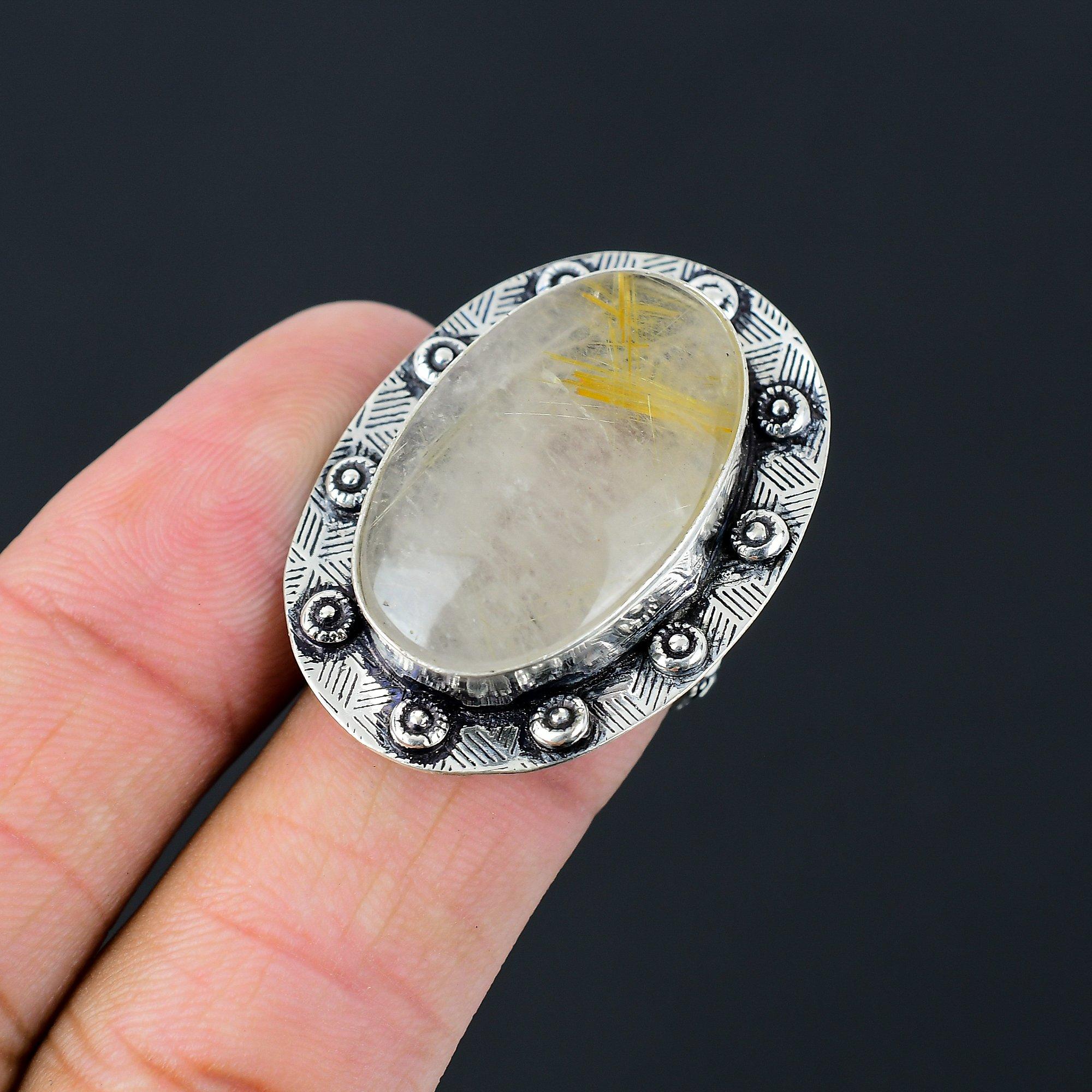 Sterling Silver Golden Rutile Gemstone Unique Promise Wife Ring Jewelry Size 7.5 7.5