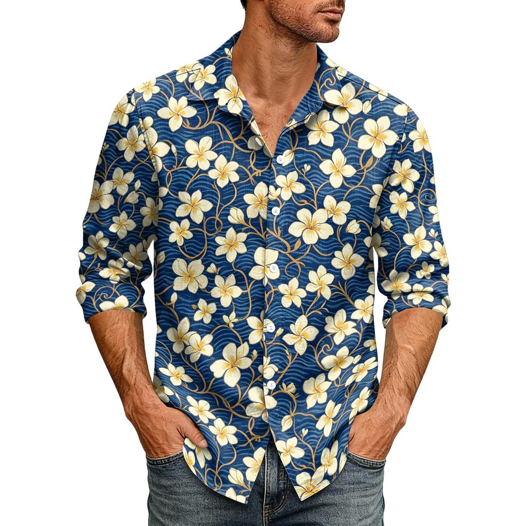 Men's Loose Fit Long Sleeve Shirt Hawaiian Style Button Down Collar Casual Vintage Shirt Suitable for Spring and Autumn Wear