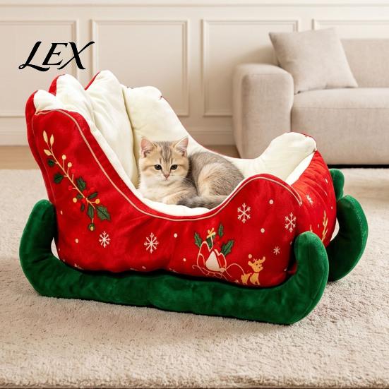 Christmas Pet Photo Prop Sleigh Shaped Bed, Cozy Holiday Cat Dog Sofa Anti?Slip Base Stable Lounge Soft Cushion, Washable Sleeping Bed for