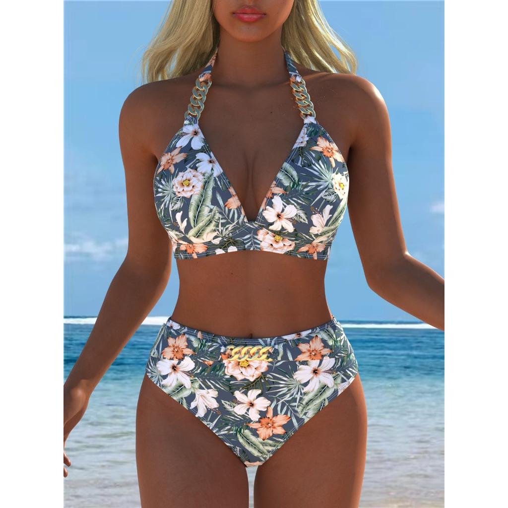 New European and American Tropical Printed Bikini Women's Split Swimsuit Sexy Suspender High Waist Beach Vacation Swimming