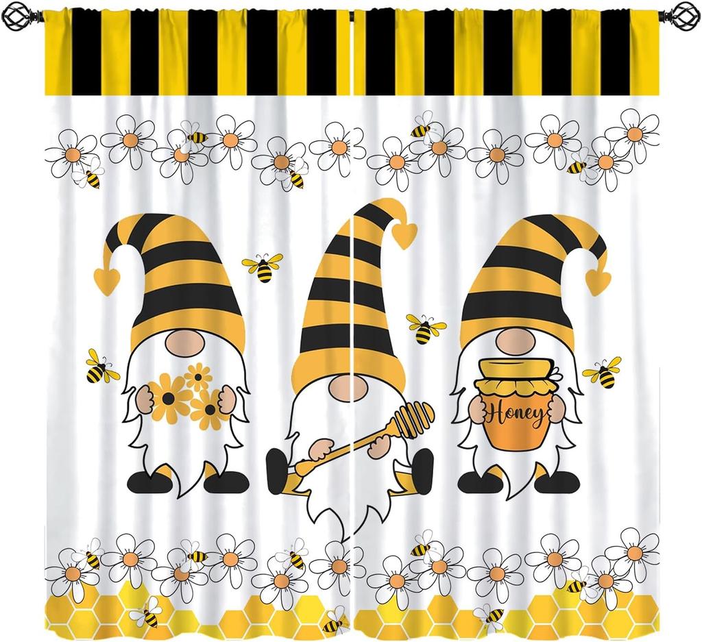 Rustic Honey Bee Curtains Honeycomb Daisy Floral Window Treatments Insulated Drapes Panel Sets Curtain With Rod Pocket Thermal Polyester
