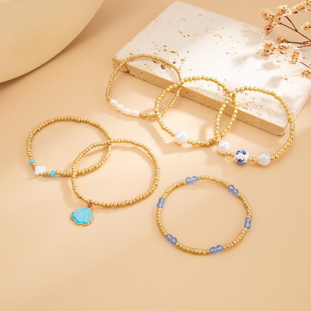 Personalized Chinese Style Blue And White Ceramic Beaded Imitation Pearl Elastic Bracelet, Creative Metal Cross Pendant Bracelet