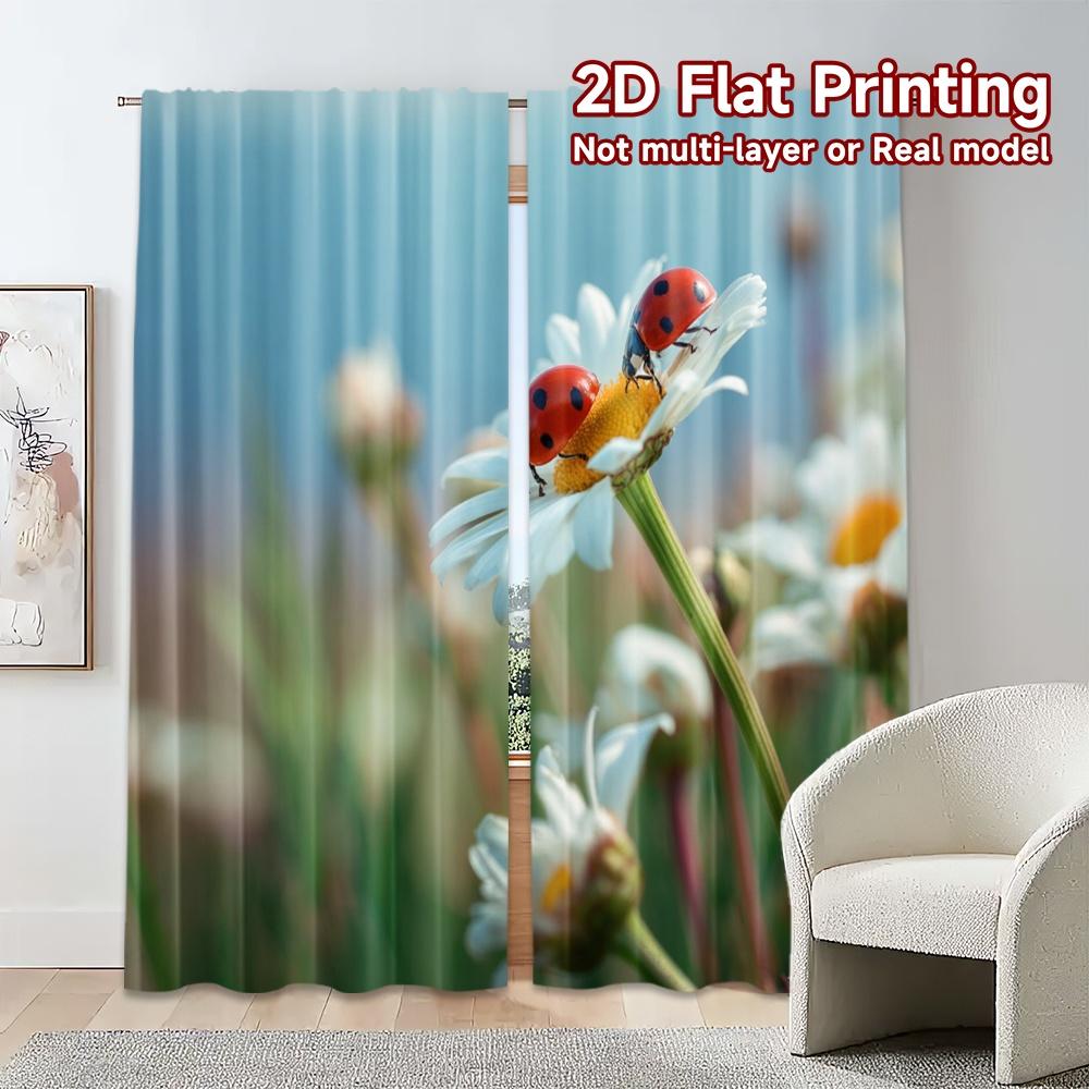 2pcs, 2D FLAT PRINTING Curtains (Without Rod) Ladybugs Bloom Modern Window Curtain Polyester Curtains Festive Perfect for