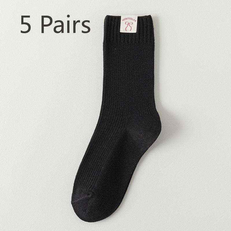 5 Pairs Socks Autumn Women's Cream Double Needle Thickened Pile Socks Bowknot Cloth Label Tide Socks