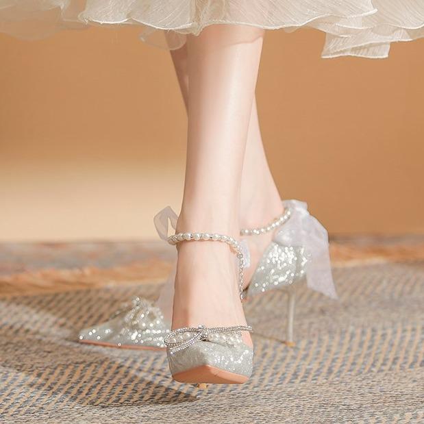 Silver High Heels Women's Summer with Skirt Adult Ceremony Thin Heel Pearl Bag Head Sandals Women's Bow Hollow Shoes