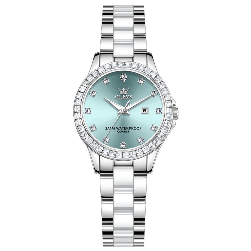 OLEVS Quartz Wristwatch Elegant Luxury Ceramics Strap Waterproof Auto Date Diamond Bezel Watch for Women