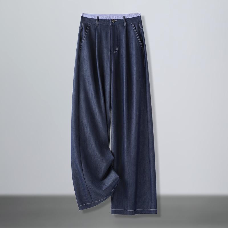 

Женские летние джинсы с высокой посадкой и широкими штанинами из ледяного шелка: Приталенные, Свободные, Повседневные брюки в пол S (80-95 jin) синий