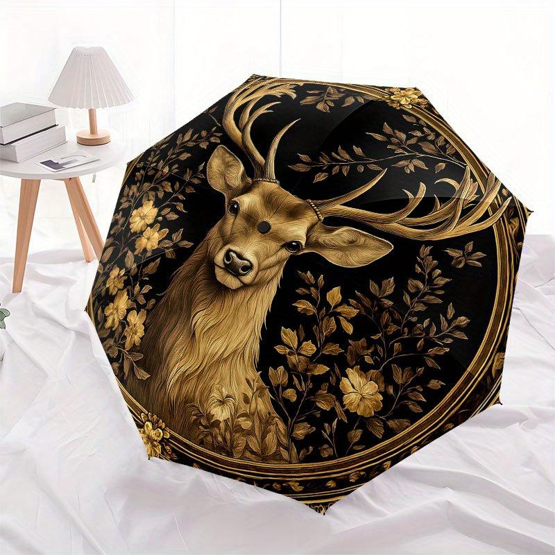 Golden Deer Portrait with Floral Frame Wall Art DecorUmbrella with Cute Design, Portable 3-Fold Compact Umbrella for Men & Women, Valentine's Day Moth