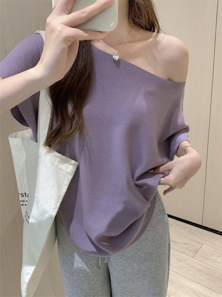 Women's Off-the-Shoulder Batwing Sleeve Knit Top - Summer 2025 Loose Slim Fit