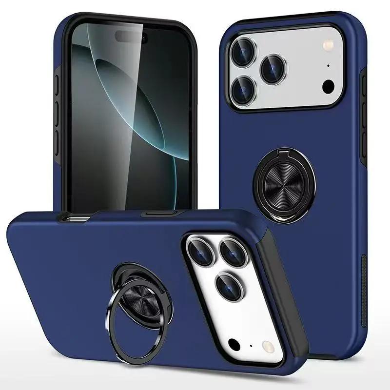 

Fashion Plain Magnetic Ring Holder Phone Case for IPhone 17 Air 16E 16 15 14 Plus 13 12 Pro Max Shockproof Plastic Protect Cover iPhone17 Pro темно-синий