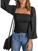 Women's Solid Color Square Neck Slim Fit Lantern Sleeve Pleated Top