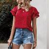 Womens Summer Red Polka Dot Print Blouse With Ruffle Short Sleeves Casual Round Neck Versatile T Shirt