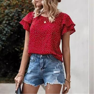 Womens Summer Red Polka Dot Print Blouse With Ruffle Short Sleeves Casual Round Neck Versatile T Shirt