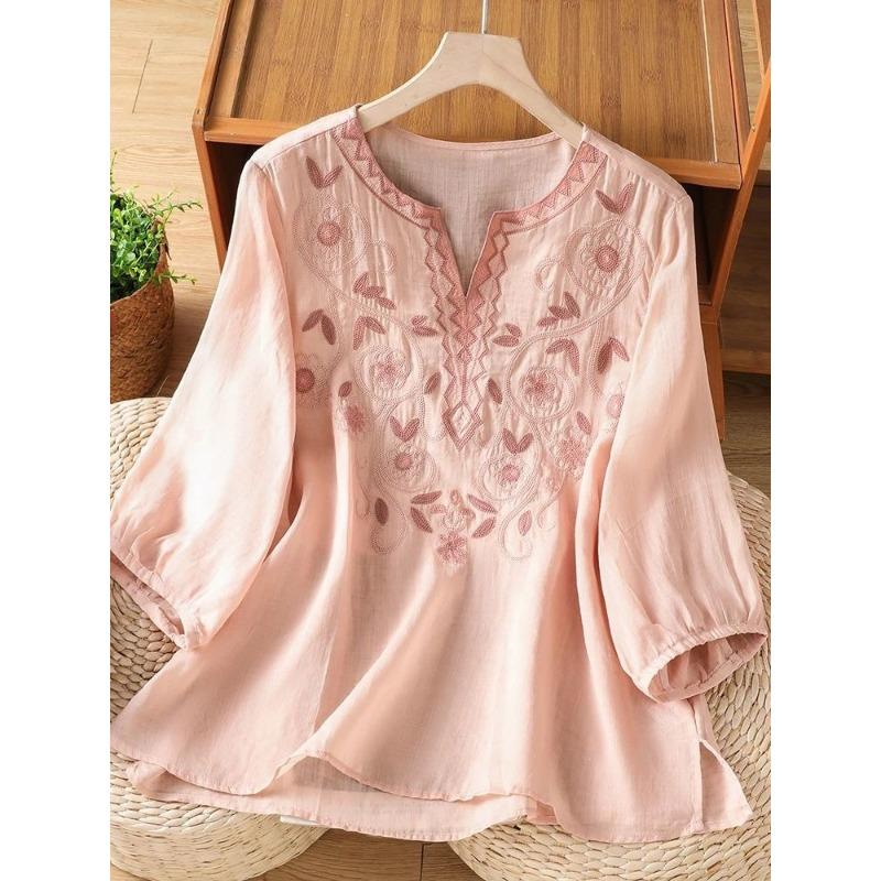 Vintage Embroidered Lace Collar Loose Fit Summer Blouse
