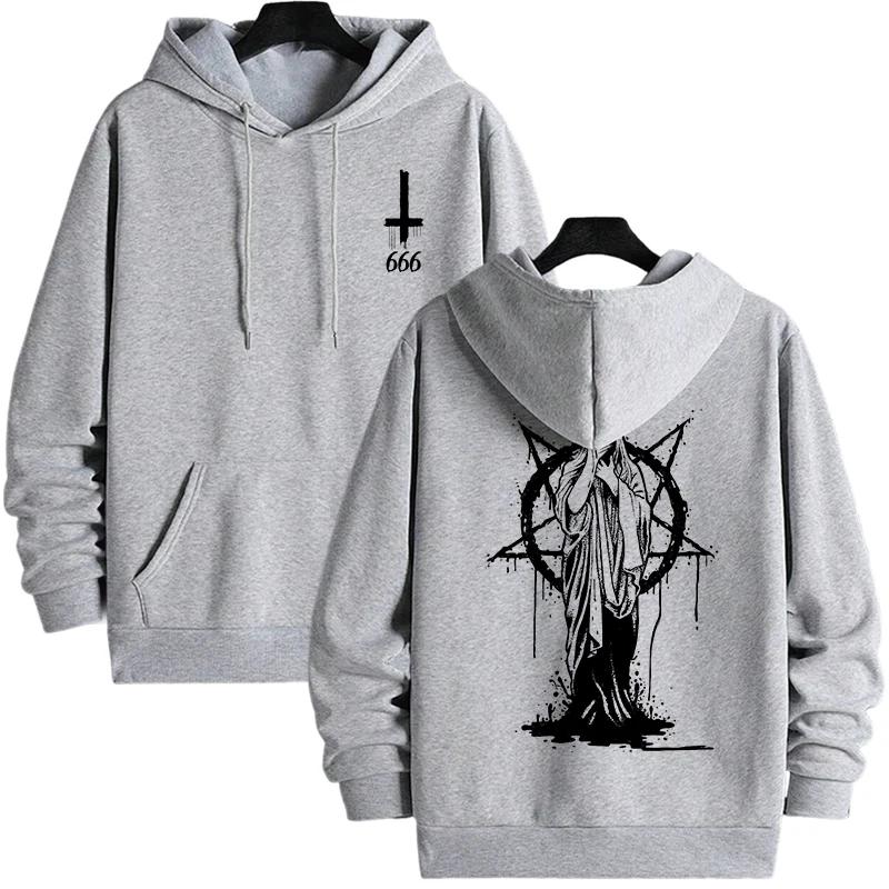 2025 Trendy Mens Hooded Sweatshirts Satan Demonic Print Autumn Winter Casual Sportswear Urban Streetwear Male Top Men's Clothing