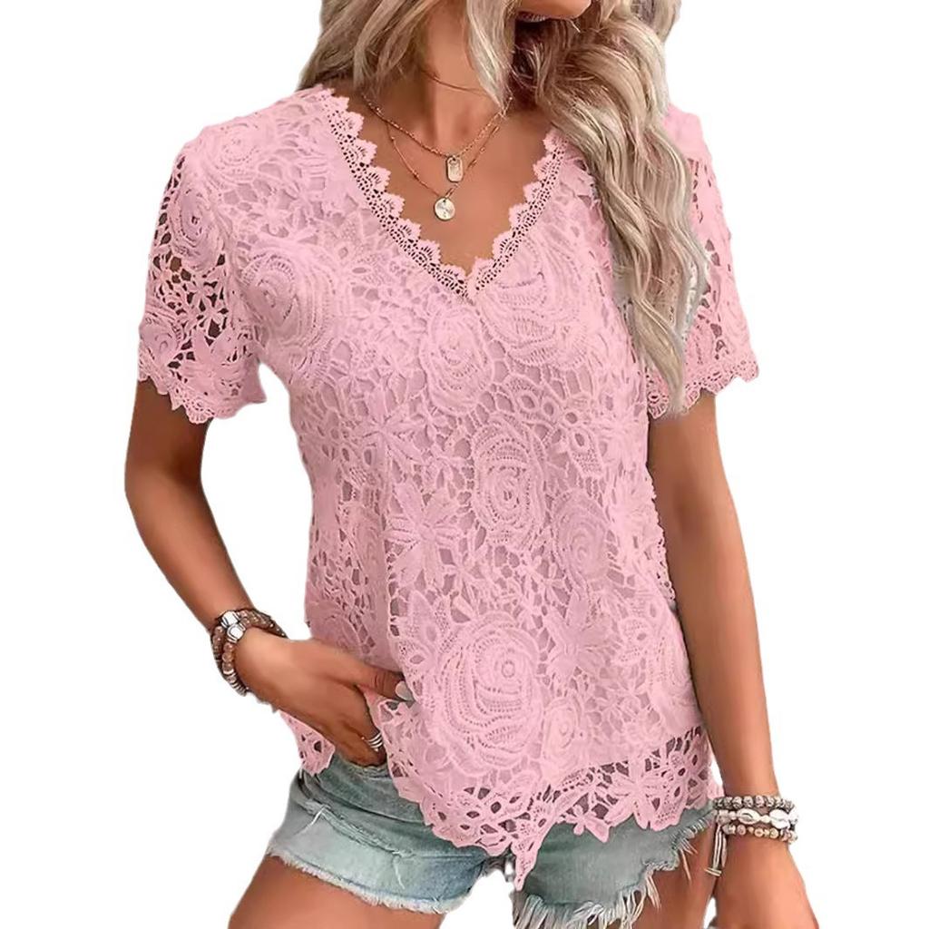 Lace Tee Shirt for Women Vintage Top Solid Color Short Sleeve V Neck Streetwear Ladies Casual Spring Summer Basic Tops