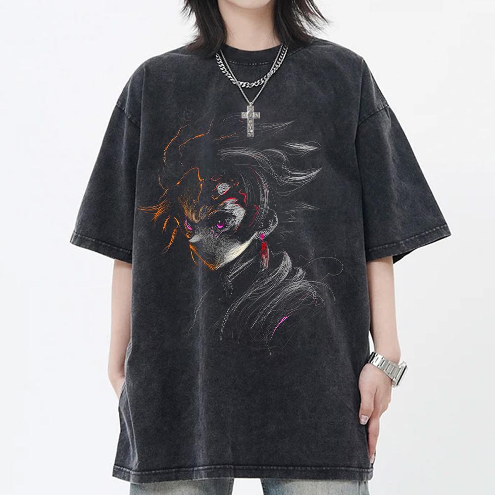 Demon Slayer Manga Kamado Tanjirou T-shirt for Men Clothing Tops Washed Oversized T Shirt Cotton Short Sleeve Graphic Tees