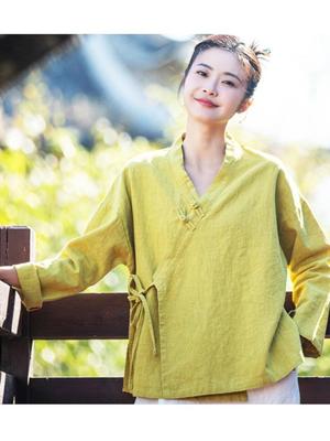 Women Chinese Style Shirts Solid Color Ramie Button Stand Vintage Tops Spring Long Sleeve Women Blouses