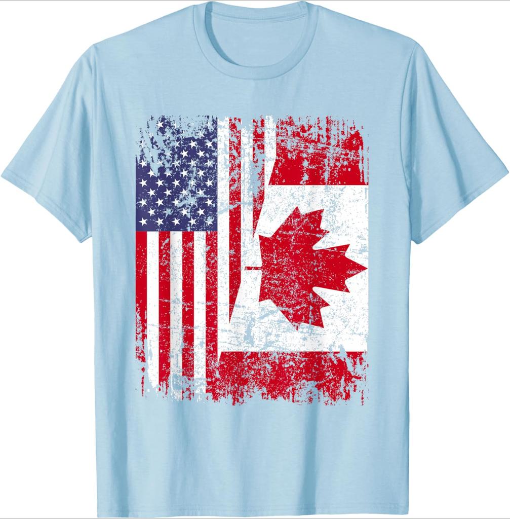 CANADIAN ROOTS|Half American Flag|CANADA pattern design-100% cotton summer O-neck short sleeve printed men's T-shirt.