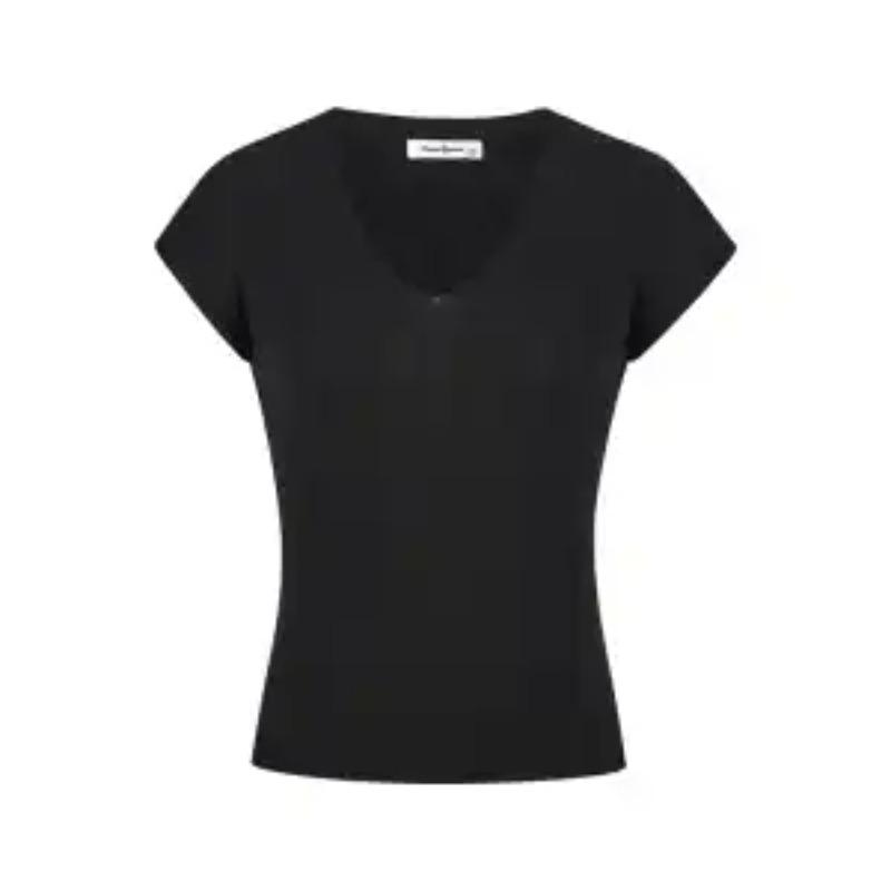 Women's V-Neck Knit Top Ribbed Fabric with Cap Sleeves Slim Fit