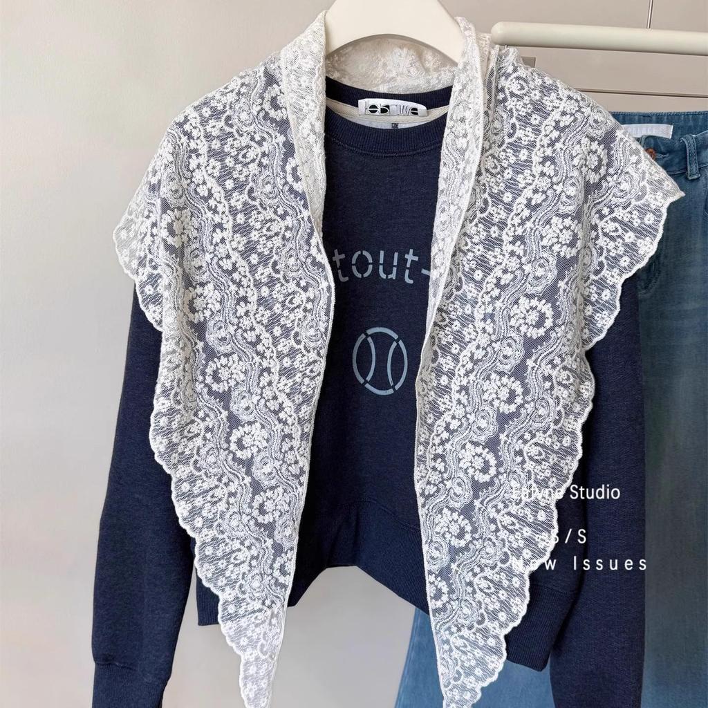 Dámská korejská béžová krajková pletená šála - Lehká prolamovaná trojúhelníková šála na léto